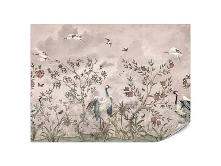 FOTOTAPETE für Schlafzimmer Kraniche Bäume Tropische Blumen Büsche 200x140
