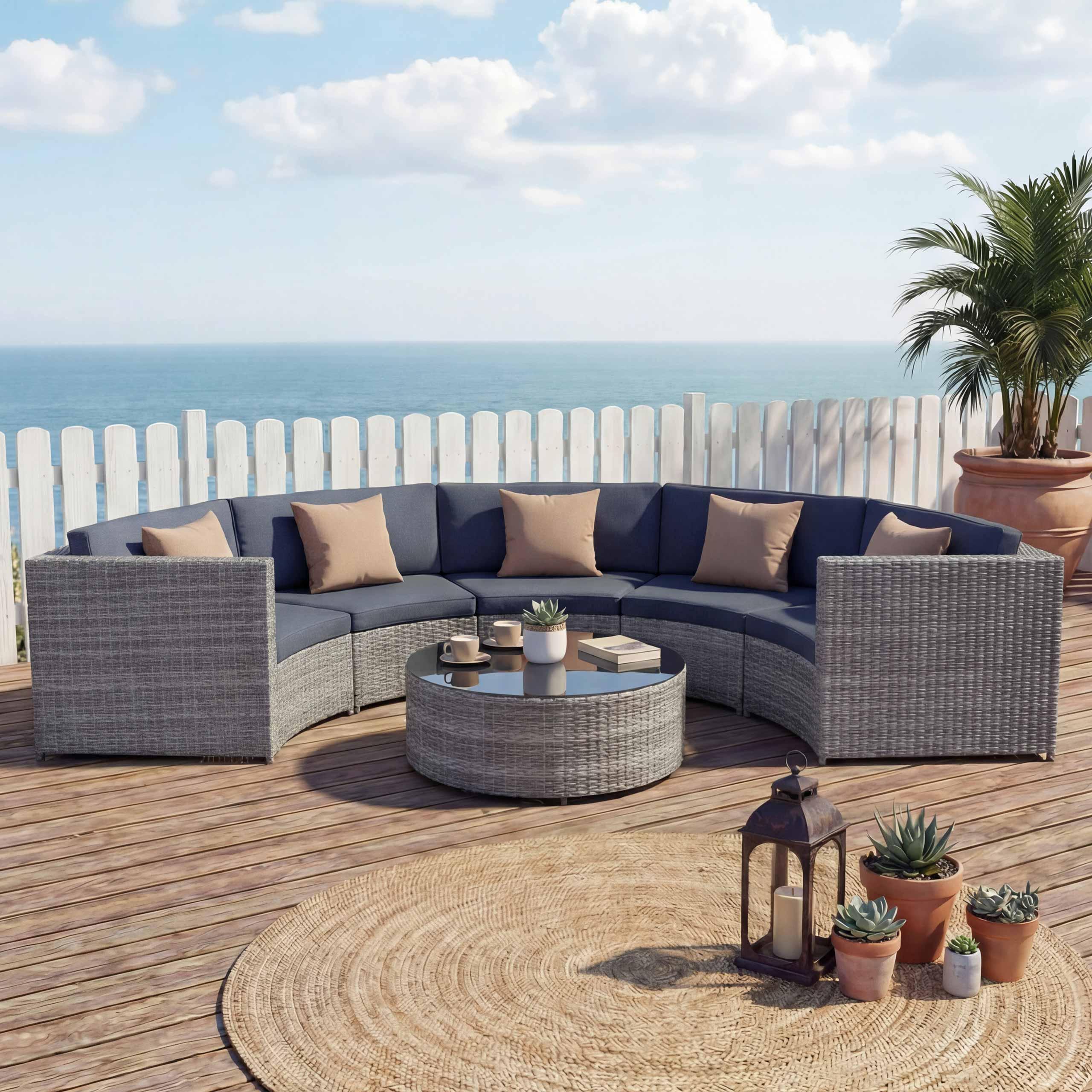 Poly-Rattan Garnitur rund HWC-E17, Garten-Set Sitzgruppe grau, Polster dunkelgrau, Kissen beige