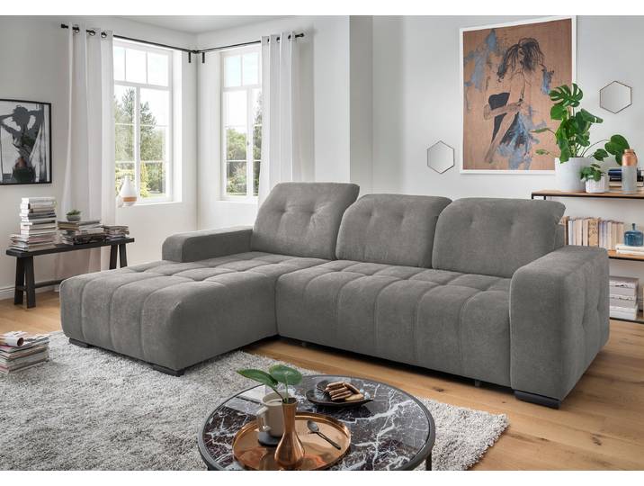 Ecksofa mit Sitztiefenverstellung Grau Webstoff Jimin 290 x 102 x 185cm Longchair davorstehend links Modern