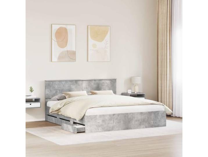 KTHLBRH Bett grau Beton 200 x 200 cm mit Schubladen Technisches Holz, Lattenrost, 6 Schubladen, minimalistischer Stil, Verwendung im Innenbereich