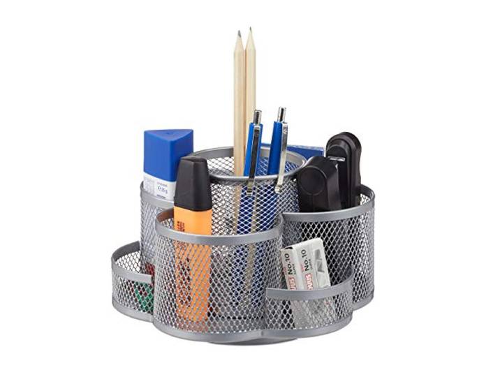 Relaxdays Organiseur de bureau porte-stylos notes cartes de visite fournitures maille 7 compartiments pivotant\, argent
