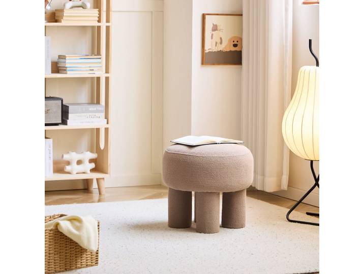 Pouf de salon scandinave en bouclette taupe