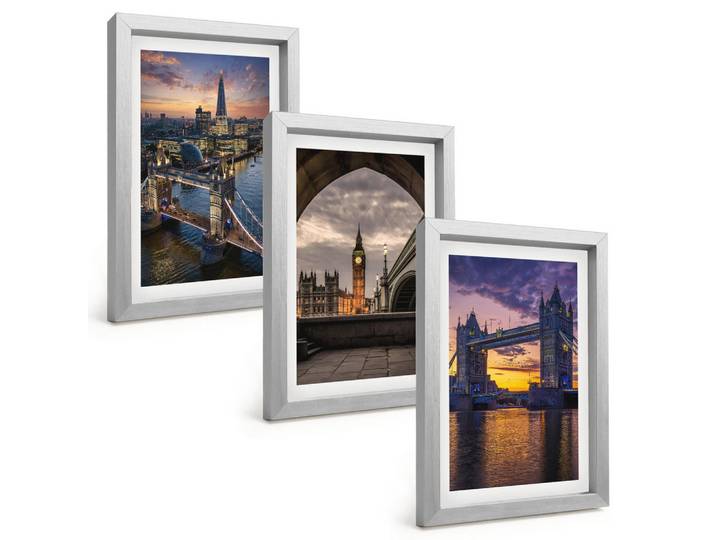 Tulup Bilder SET 3er Set - 20x30 cm Silberner Rahmen - Stadtbrücken, Uhrtürme, Silberfarben, Kunststoff, Rechteckig, 20x30 cm, Fotografie, Bilder & Rahmen, Bilder