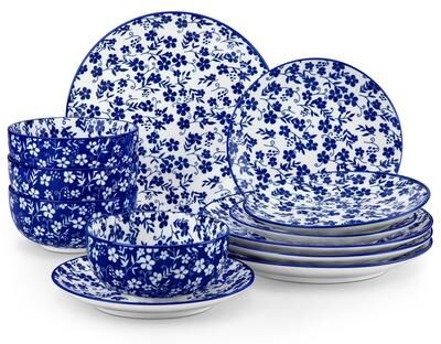 vancasso SELENE 12-Piece Elegant Blue Floral Porcelain Dinnerware Set