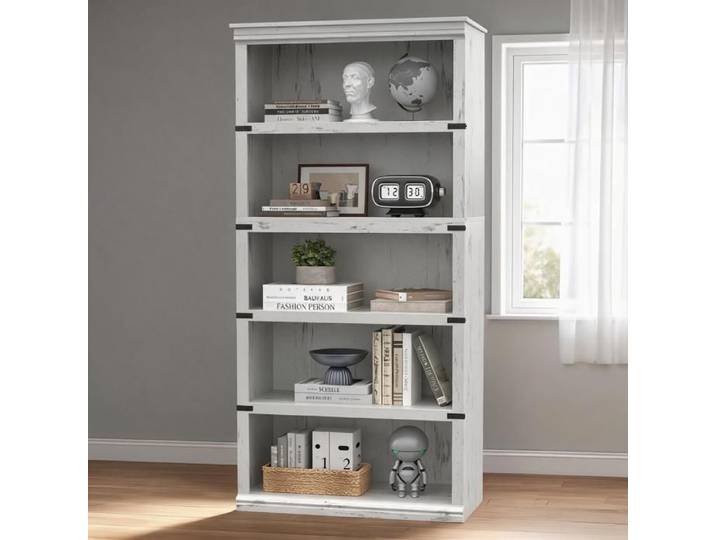 Bibliothèque 5 niveaux – Style fermier – Étagères ouvertes – Charge 20 kg par étagère – 80*32*171CM - Blanc Antique