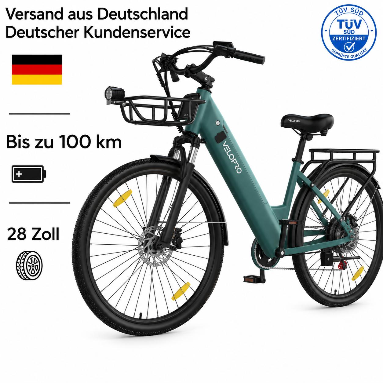 VELOPRO C1Pro Pedelec 28 Zoll E-Bike, 36V 18Ah Akku(80-100km), Shimano 7 Gang
