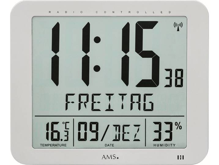 AMS F5884 - Wandklok - Tafelklok - Digitaal - Kunststof - Radiogestuurde tijdsaanduiding - LCD - Temperatuur - Vochtigheid - Zilverkleurig