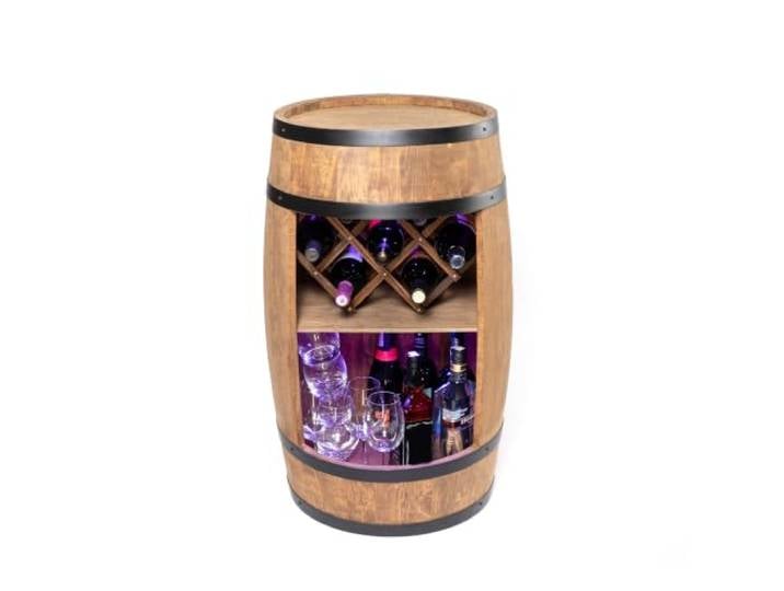 CREATIVE COOPER Fass bar mit Weinhalter - Weinregal LED RGB - Holzfass Hausbar 80x50cm - Rustikaler deko Barschrank Weinständer – Weinschrank (Dunkelbraun)