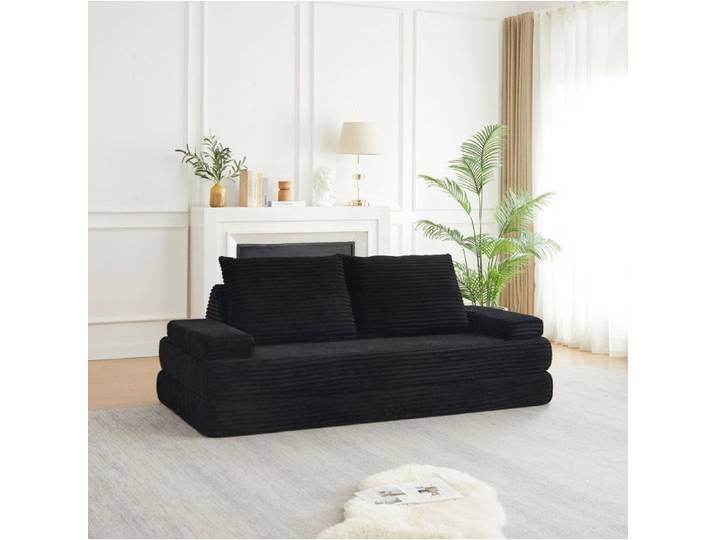 HOMVRA Canapé convertible modulable 2 places en velours côtelé noir dossiers triangulaires accoudoirs amovibles