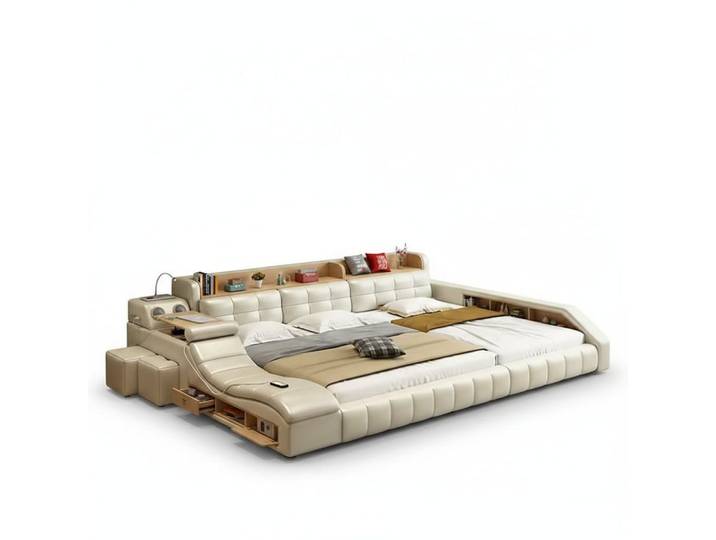 JVmoebel Multimediabett Multifunktionales Bett Moderner Stil Beigefarben Holzrahmen Bequem (3-tlg)