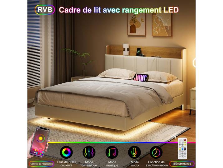 Schwebendes Bett 140x190 cm, gepolstert, LED, USB, PU, Weiß