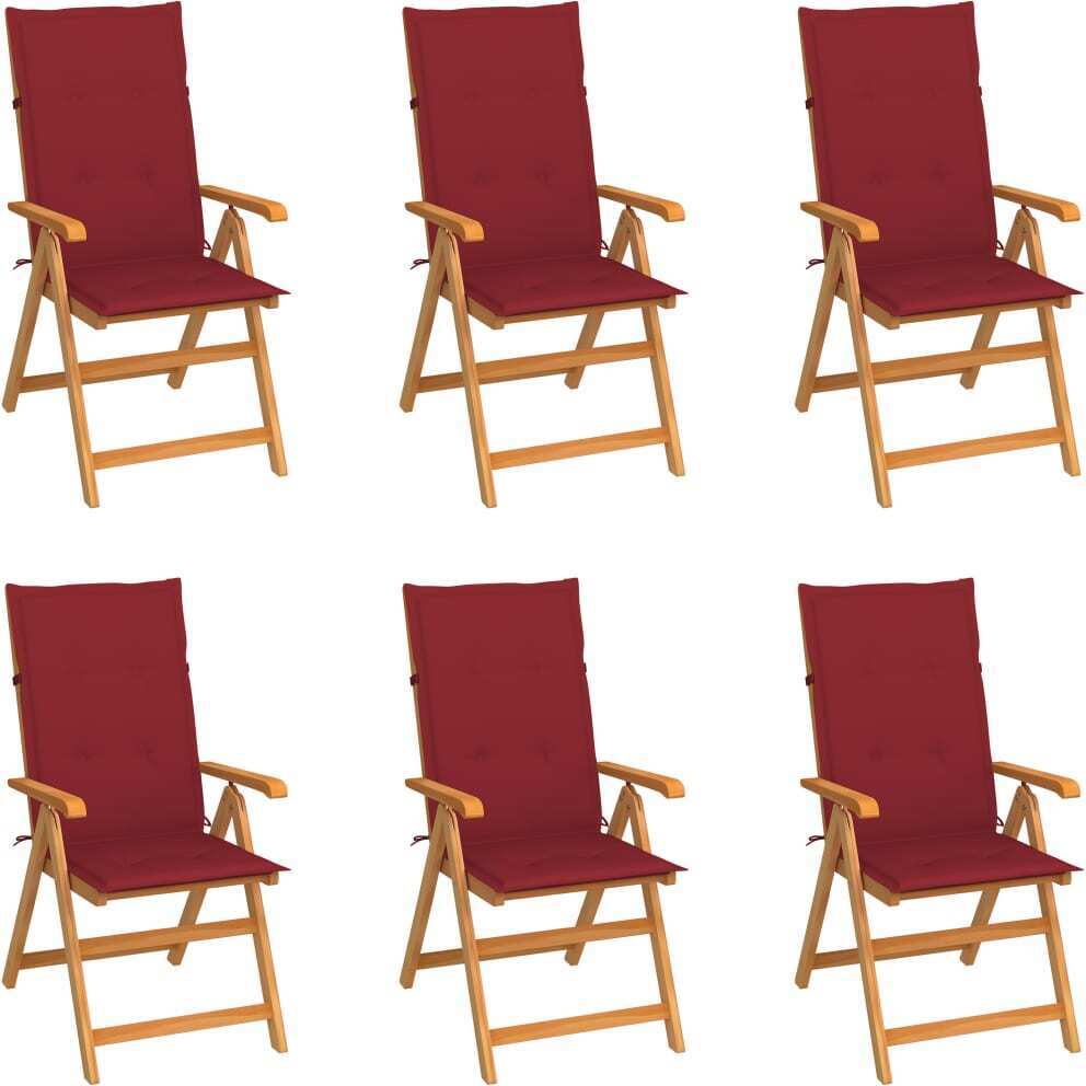 Klappstühle, 6er-Set, mit weinroten Kissen, aus massivem Teakholz
