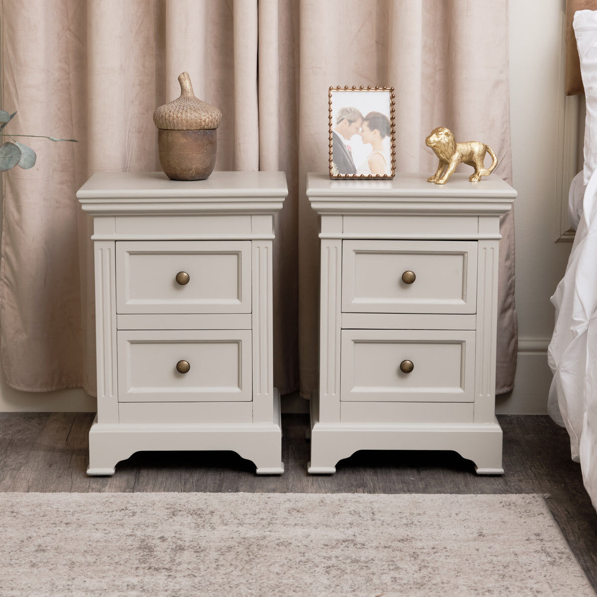 Large Taupe-Grey 7 Drawer Chest of Drawers & Pair of Bedside Tables - Daventry Taupe-Grey Range Wood, Metal