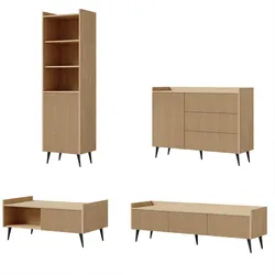 WOHNWAND Amfali 4-teilig –Lowboard, Kommode, Regal und Couchtisch, Push-to-open, Frühlings-Eiche