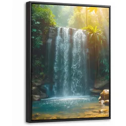 LEINWAND Bilder mit Rahmen - Wasserfall - Dschungel - Sonne - Grün - Natur - 30x40