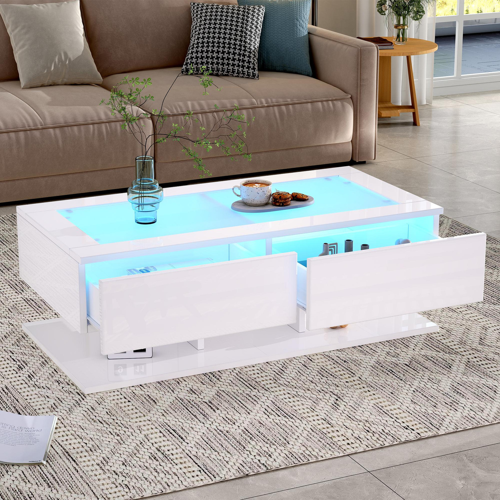 OKWISH Conferentietafel met LED-verlichting en 2 lades, wit