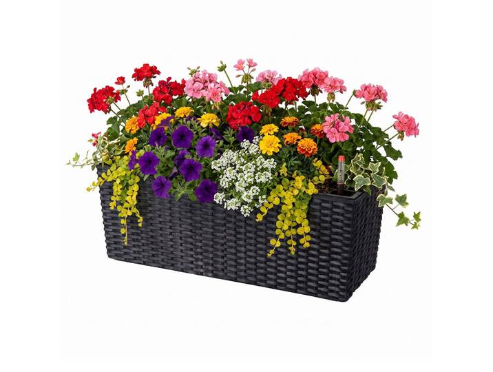 Relaxdays Balkonkasten Schwarz Selbstbewässerung, Kunststoff, Metall, 50x19x19 cm, Dekoration, Blumen & Blumentöpfe, Übertöpfe
