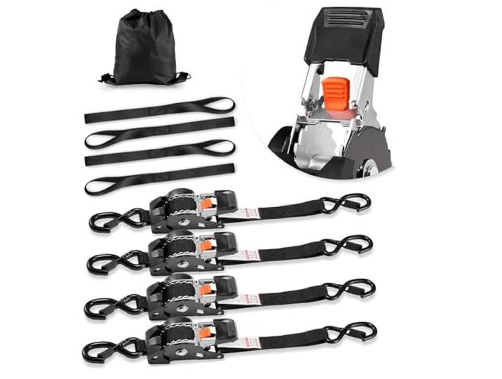 VEVOR Sangle à Cliquet Rétractable 2\,5 cm x 3 m Sangle d'Arrimage Lot de 4 Sangles Chargement pour Déménagement Remorque Moto Kayak Voiture\, avec Crochet S 4 Boucles Souples Résistance Rupture 544 kg