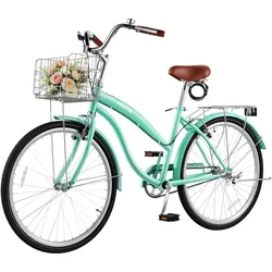 VEVOR Damenfahrrad 26 Zoll Cruiser-Fahrrad 150 kg 1-Gang Citybike Hellgrün, für Alltag und Pendeln, mit Aufrechter Sitzposition, Korb, Gepäckträger bis 50 kg, Doppel-V-Bremsen und Komplettem Zubehör