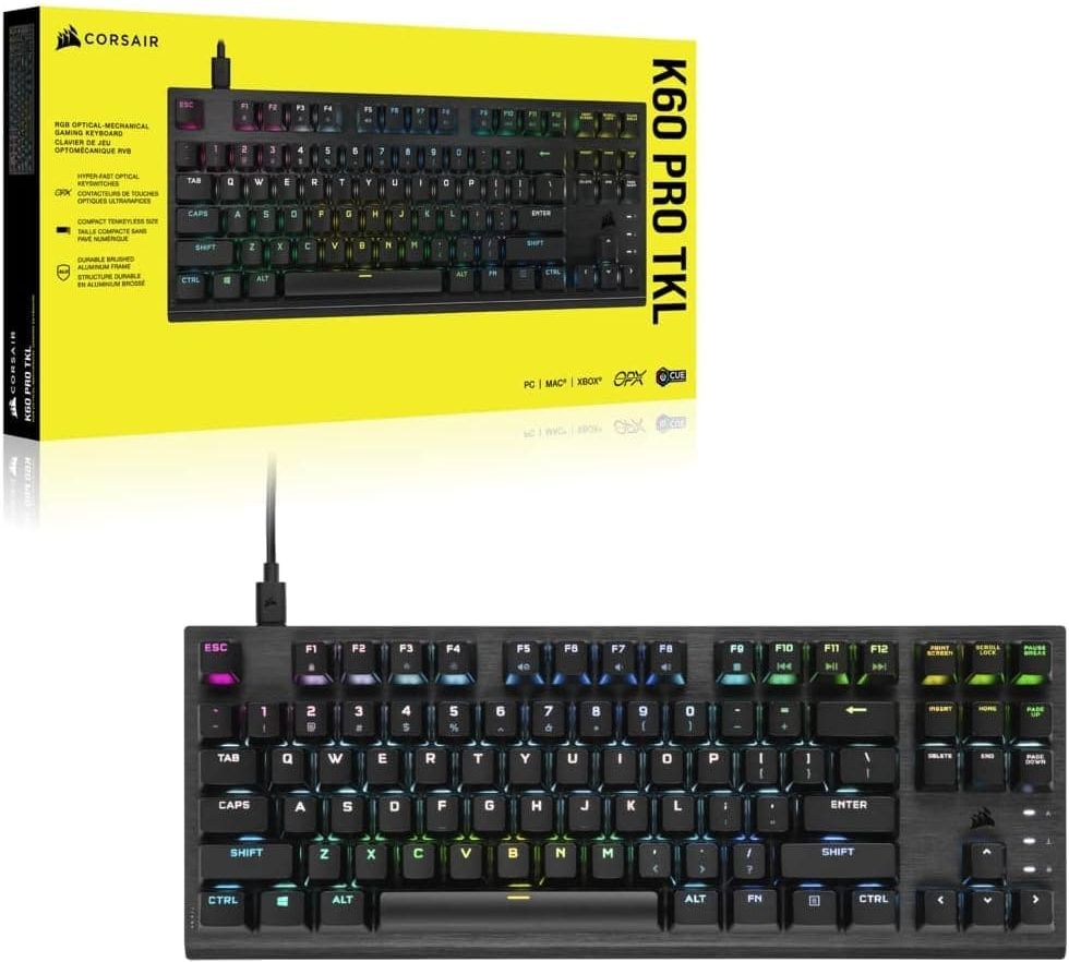 Corsair K60 PRO TKL RGB Optical-Mechanical Gaming Keyboard Tenkeyless – OPX Switches, Brushed Aluminium Structure, Removable USB Type-C Cable – UK Layout, QWERTY – Black