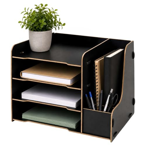Relaxdays brievenbak met 4 vakken en pennenhouder, zwart, B: 29,0 cm, D: 23,0 cm, H: 31,5 cm