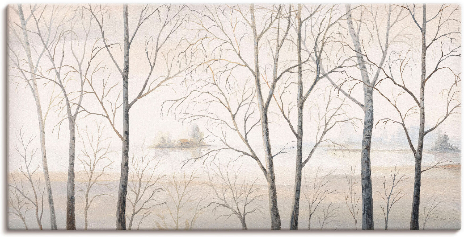 Wandbild ARTLAND "Seeufer am Wald I", beige (farbe bild(er): naturfarben), B:60cm H:30cm, Bilder, Wandbild, als Alubild, Leinwandbild in verschied. Grössen farbe bild(er): naturfarben B/H/T: 60cm x 30cm, Leinwandbild Gewässer, 1 Stk.