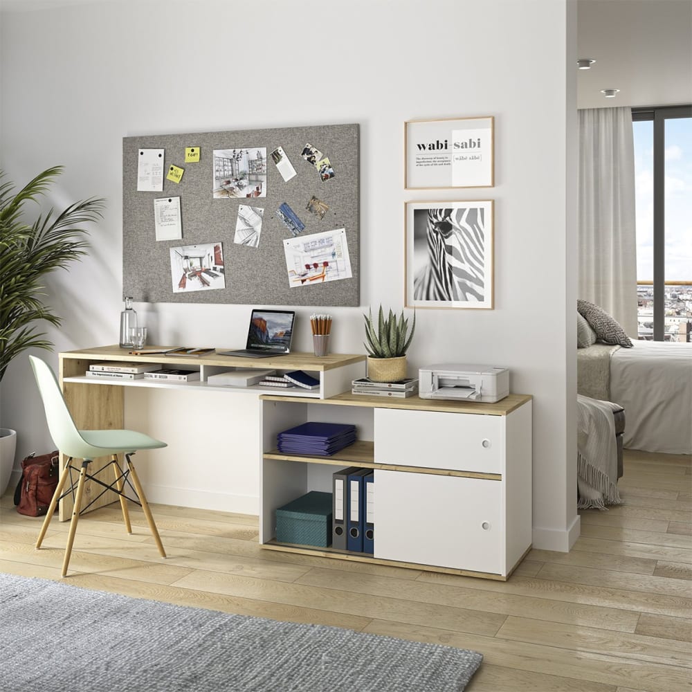 Diagone Bureau modulable effet bois et blanc Blanc 130x62x45cm
