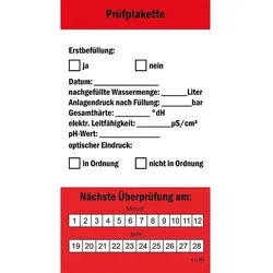 Heizungswasserprüfplaketten Box(64 x 108 mm) mit 12 Aufklebern
