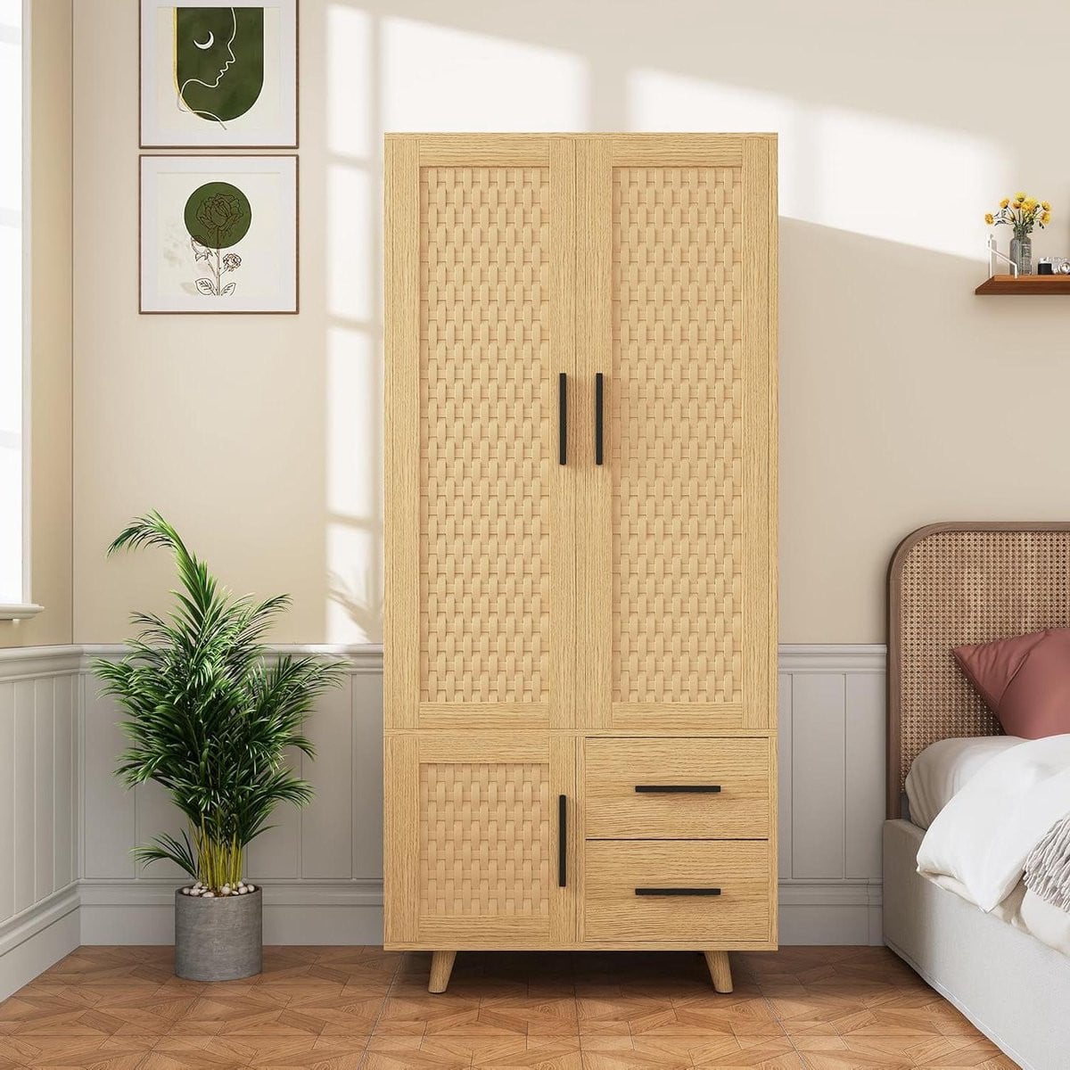 Scandinavische Houten Opbergkast met Rattan Details voor de Slaapkamer, Breedte: 50 cm