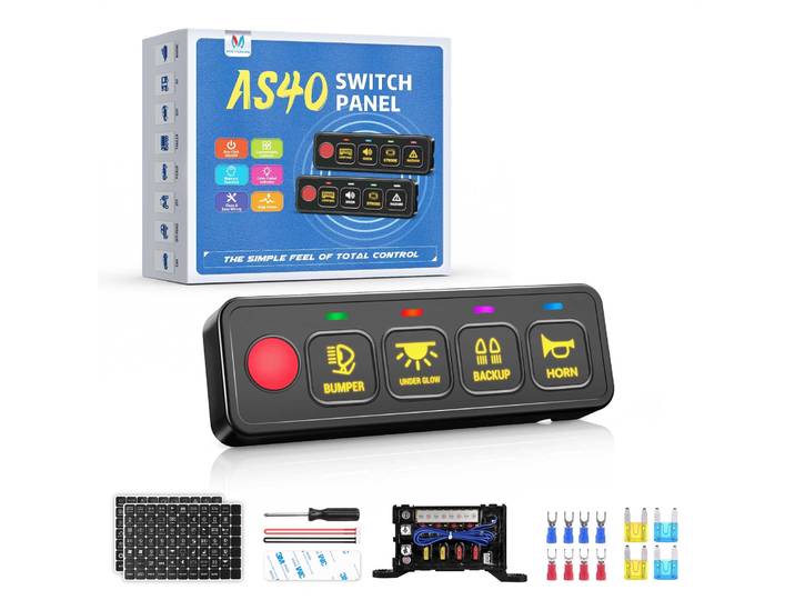 MICTUNING General AS-40 Panneau de commande à 4 interrupteurs, Boîtier de relais multifonctionnel pour commande de circuit stroboscopique momentané pour camion