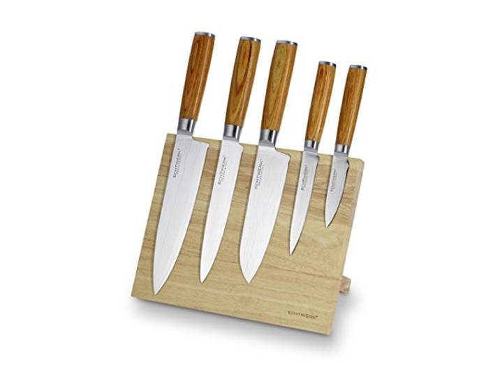 ECHTWERK Damastmesser Set 6tlg., Küchenmesser Set, Kochmesser, Santokumesser, Filetiermesser, Universalmesser, Schälmesser, Glattschliff, Messergriffe aus Pakka-Holz, Inkl. Magnet-Messerblock aus Holz