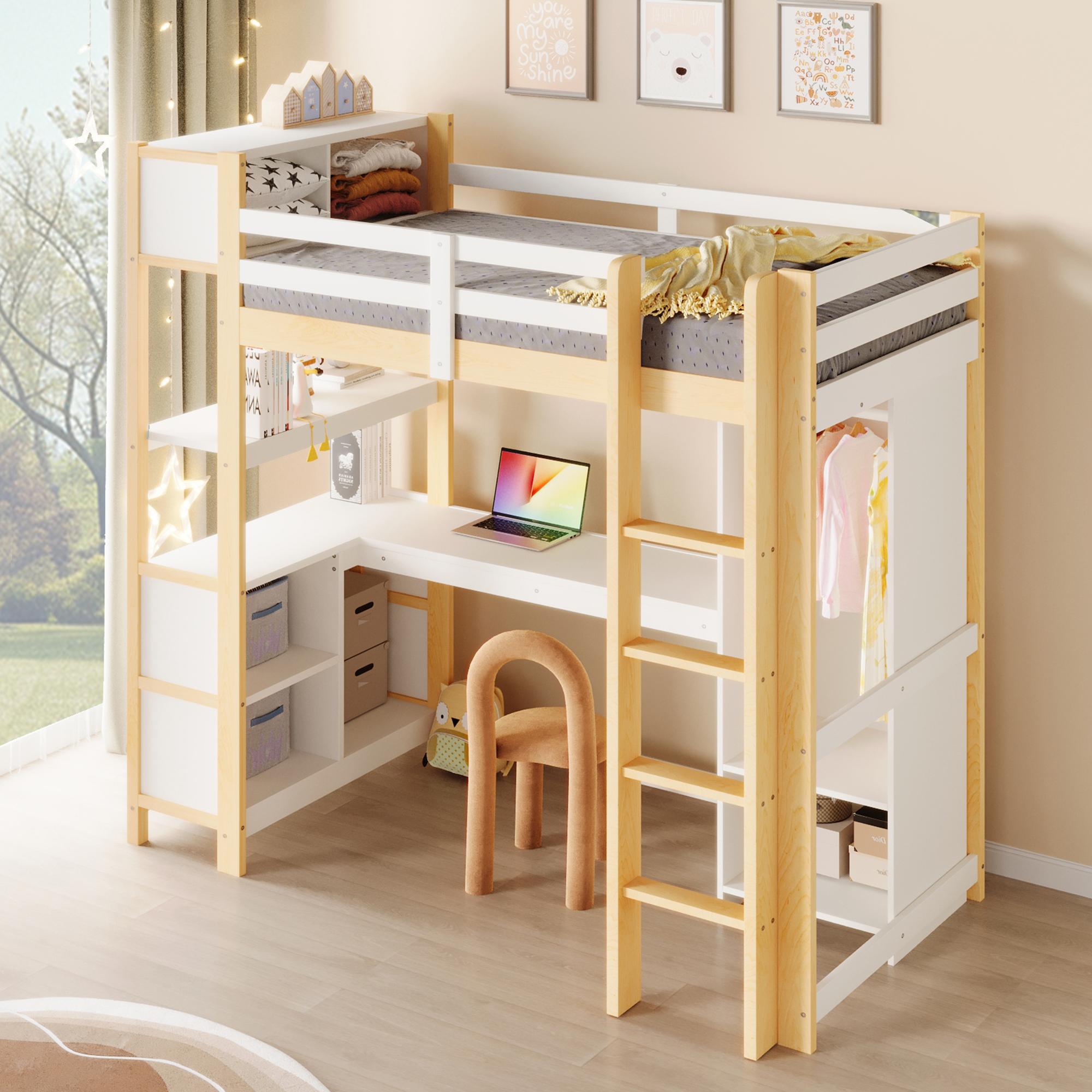 Flieks Etagenbett 90x200cm mit Schreibtisch und Regal, Kinderbett Hochbett mit Kleiderschrank, Einzelbett Stockbett, Naturbelassen
