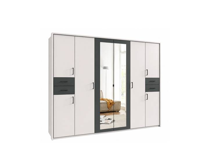 Drehtürenschrank Kleiderschrank 273cm Passepartout Spiegel Weiß, Griffe schwarz / 22578