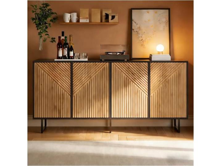Buffet de salon 160 cm 4 portes bois naturel et noir