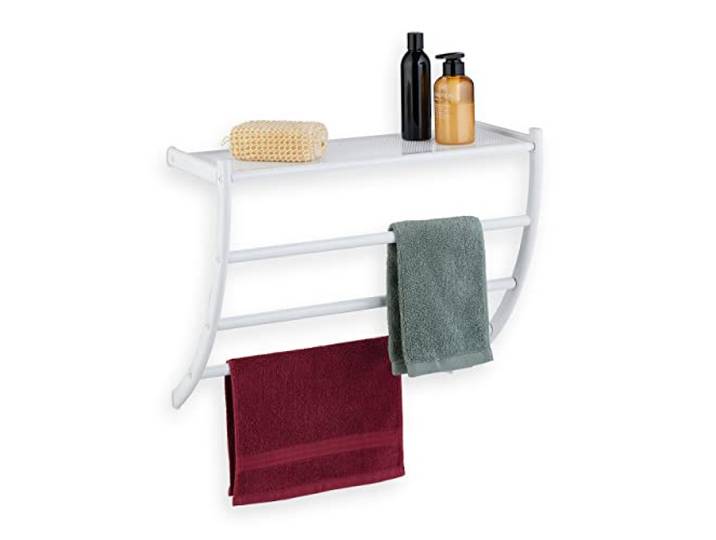 Relaxdays Porte-Serviettes Mural\, HxLxP: 44 x 56\,5 x 23 cm\, Tablette & 3 Barres\, Support Serviettes Salle de Bain\, Blanc