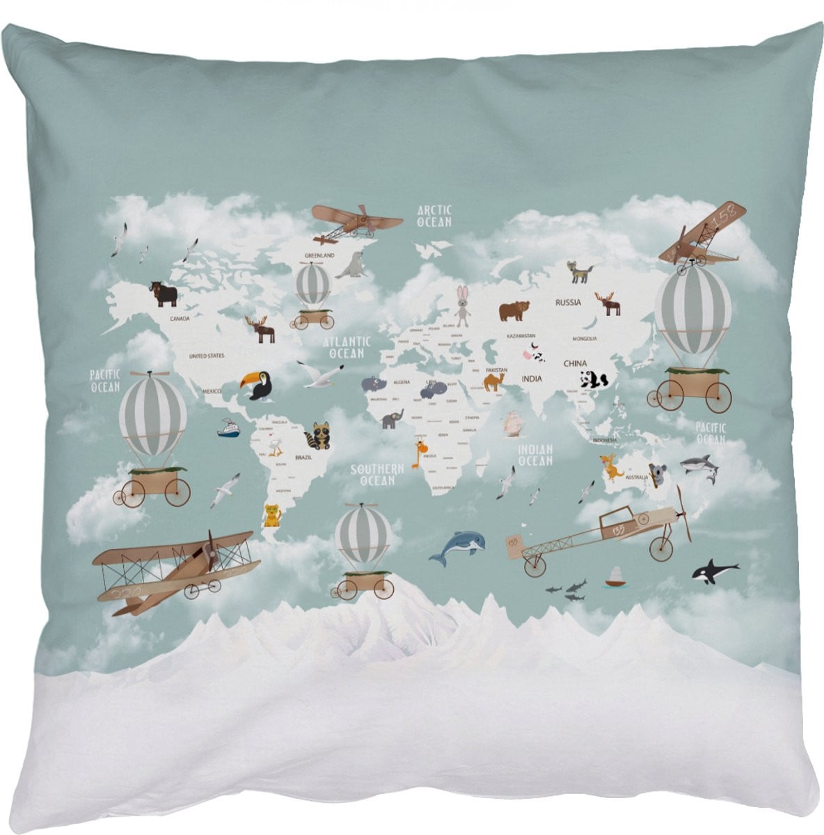 Sierkussen Wereldkaart en Vliegtuig voor Kinderkamers of Woonkamer - 45 x 45 cm