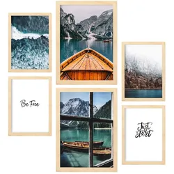 POSTER Set Mit 6 Wintersee Wandbild A3 & A4 Rahmen Aus Hellem Holz