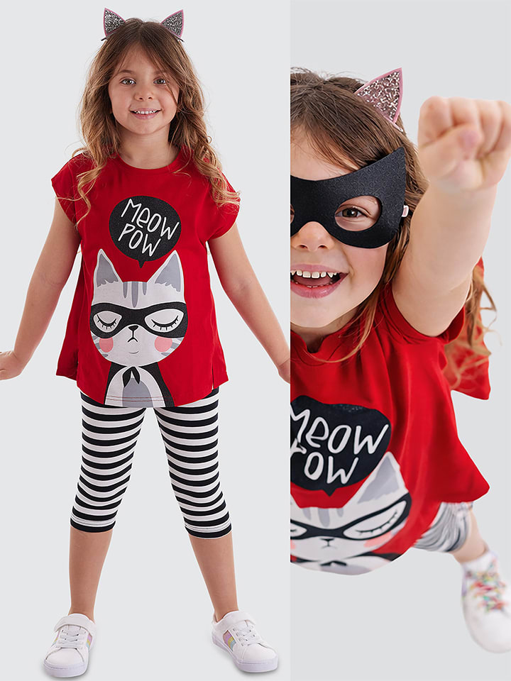 Denokids 2tlg. Outfit "Meow Pow" in Rot/ Schwarz - 128