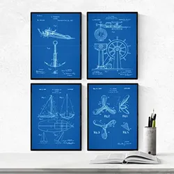 POSTER Set mit 4 Blau Patenten Booten A4 Rahmenlos