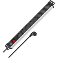 Alu-Line 19" Steckdosenleiste 8-fach, mit Schalter schwarz/aluminium, 1HE, 2 Meter Kabel, für Netzwerk- oder Serverschränke