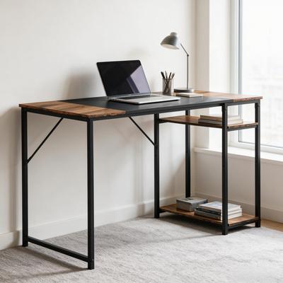Homylin Computer Desk with 2-Tier Side Shelves, Black Brown Writing Desk with Metal Frame