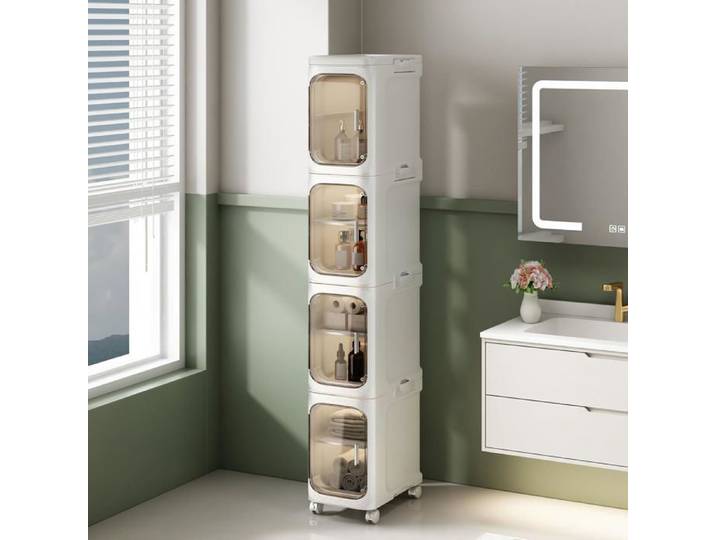 Boîte de rangement 4 niveaux plastique PP avec séparateurs amovibles - 20 x 33 x 127 cm blanc roulettes pivotantes