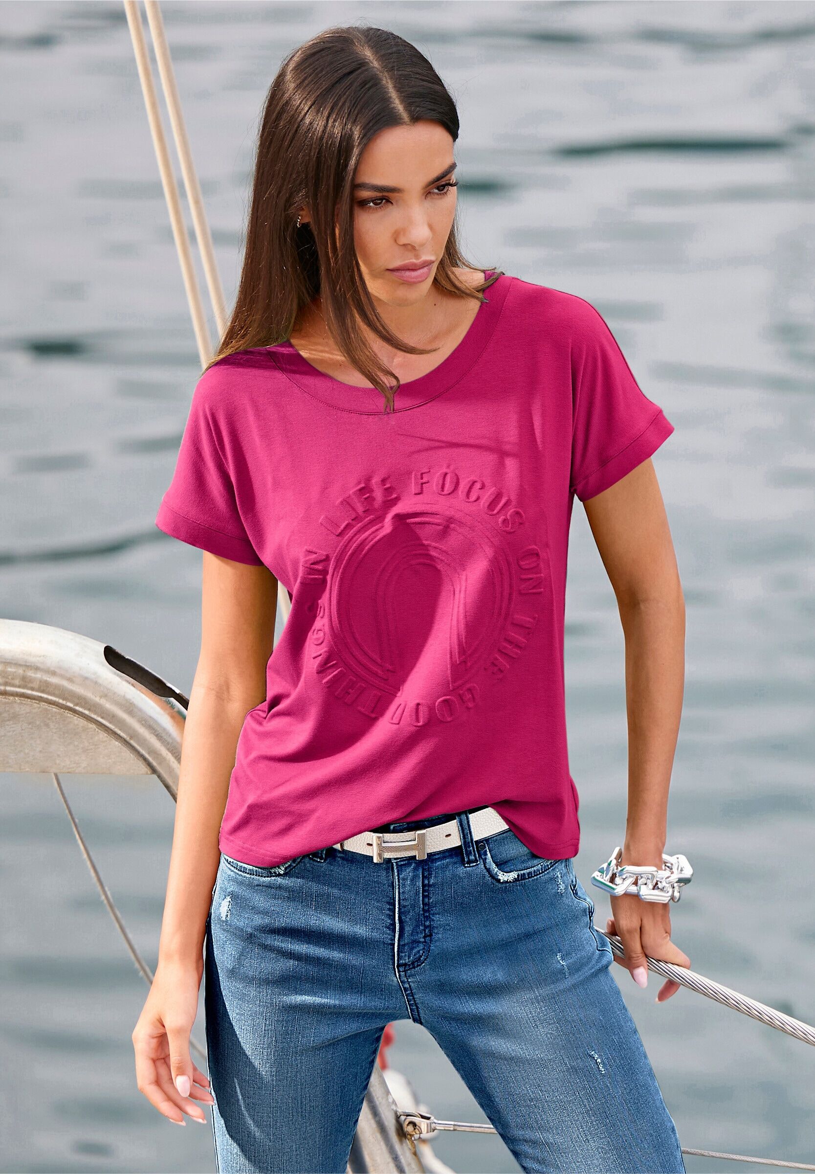 T-Shirt HEINE "Shirt Kurzarmshirt mit Elasthan-Anteil", Damen, Gr. 36, pink, Modisch, Rundhals, Shirts T-Shirt