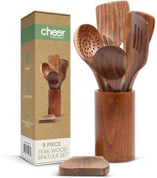 Cheer Collection 9 Piece Wooden Utensil Set with Holder and Spoon Rest