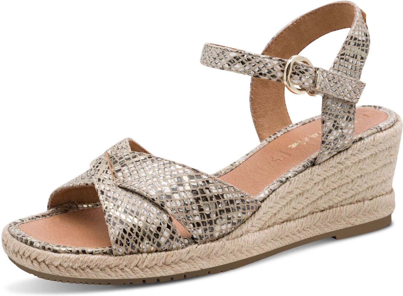 Keilsandalette TAMARIS, Damen, Gr. 38, Textil, beige snake, Schlangenoptik, Veloursleder, Schuhe Keilsandalette, Riemchensandale, Sommerschuh mit modischer Kreuzbandage beige snake 38, Textil