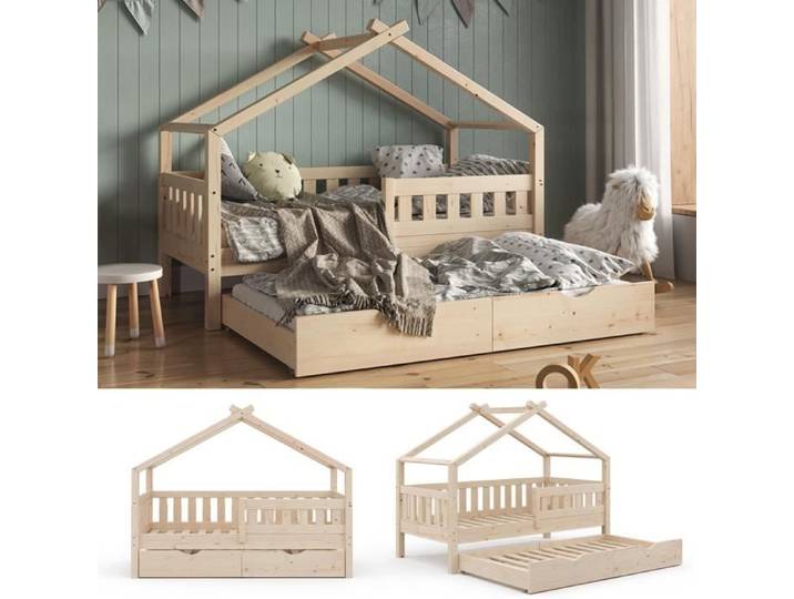 Lit cabane Design 80x160 cm avec lit d'appoint Naturel bois Vitalispa 35964