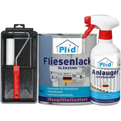 Plid, Lack, Fliesenlack Set 0,75l glänzend, für ca. 8m2/Lackierset + 0,5l Anlauger (Lichtgrau, 0.75 l)
