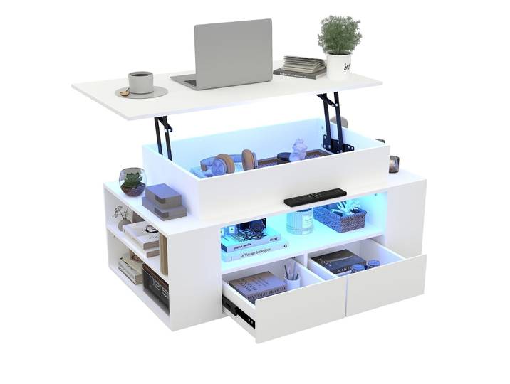 Table basse Puluomis avec tiroir\, plateau amovible\, barre de lumière RGB avec contrôle via application\, table basse\, bureau\, table d'appoint pour salon\, couleur blanche
