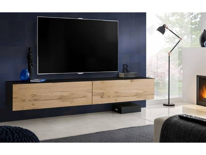 Meuble TV T34-200 Extreme Furniture - Bois naturel & Noir - Façades en Brillant - L200cmxH30cmxP41cm