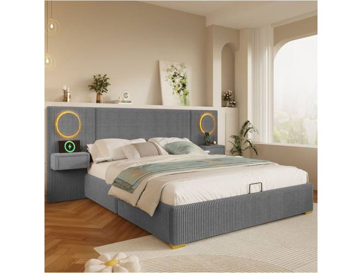 ULEVR Lit coffre 180x200 cm en velours gris tête de lit LED ports USB et rangement hydraulique